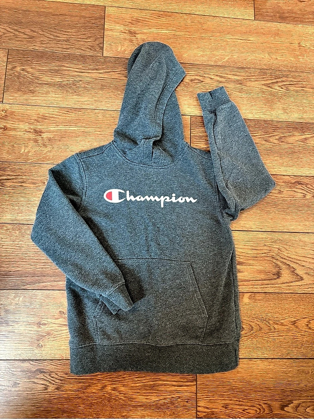 Champion Kids Script Logo Pullover Hoodie Gray Medium (10/12)